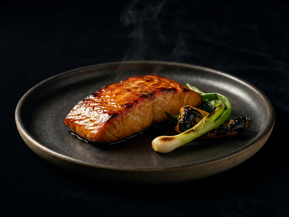 Miso black cod, lacquered and caramelized, on dark ceramic