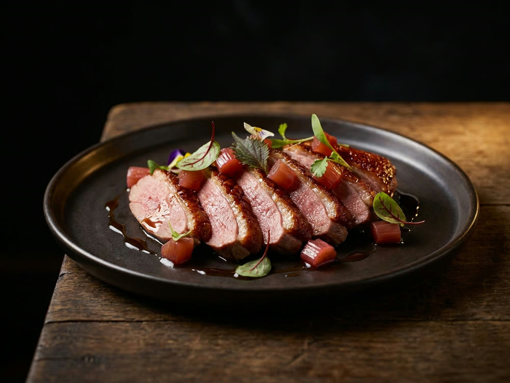 Sliced Pekin duck breast with preserved rhubarb