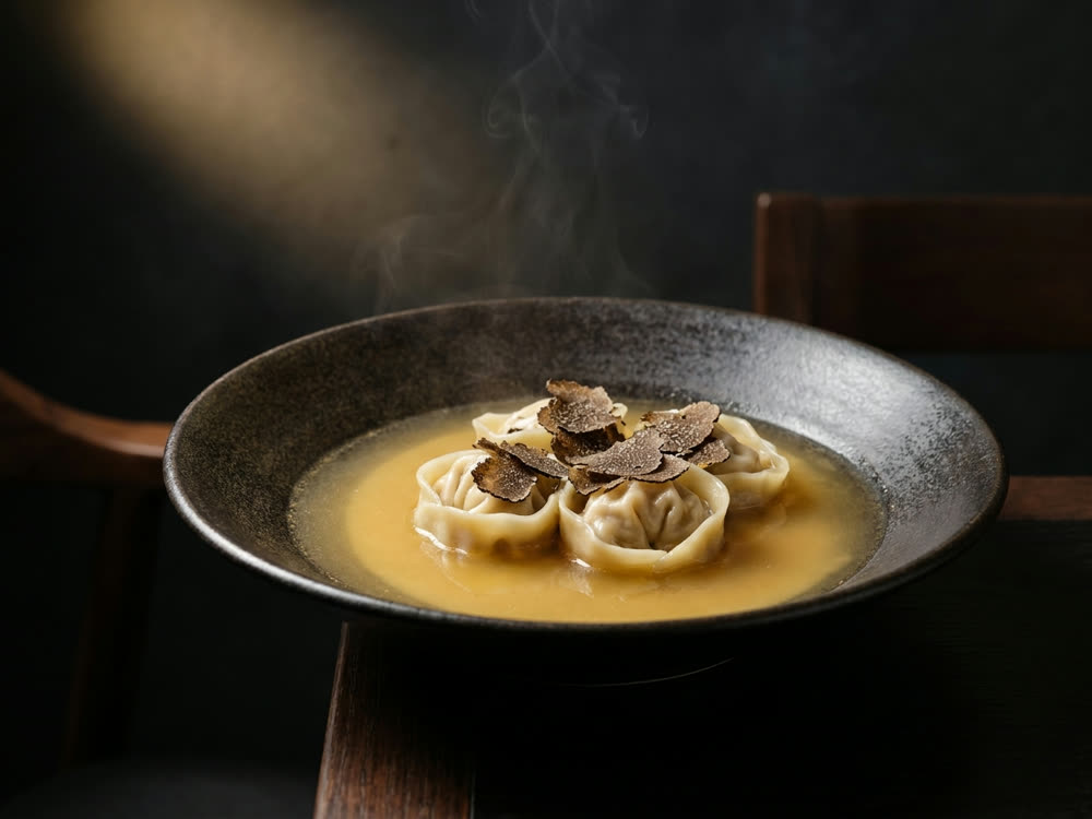 Mushroom dumplings in parmesan dashi under shaved black truffle