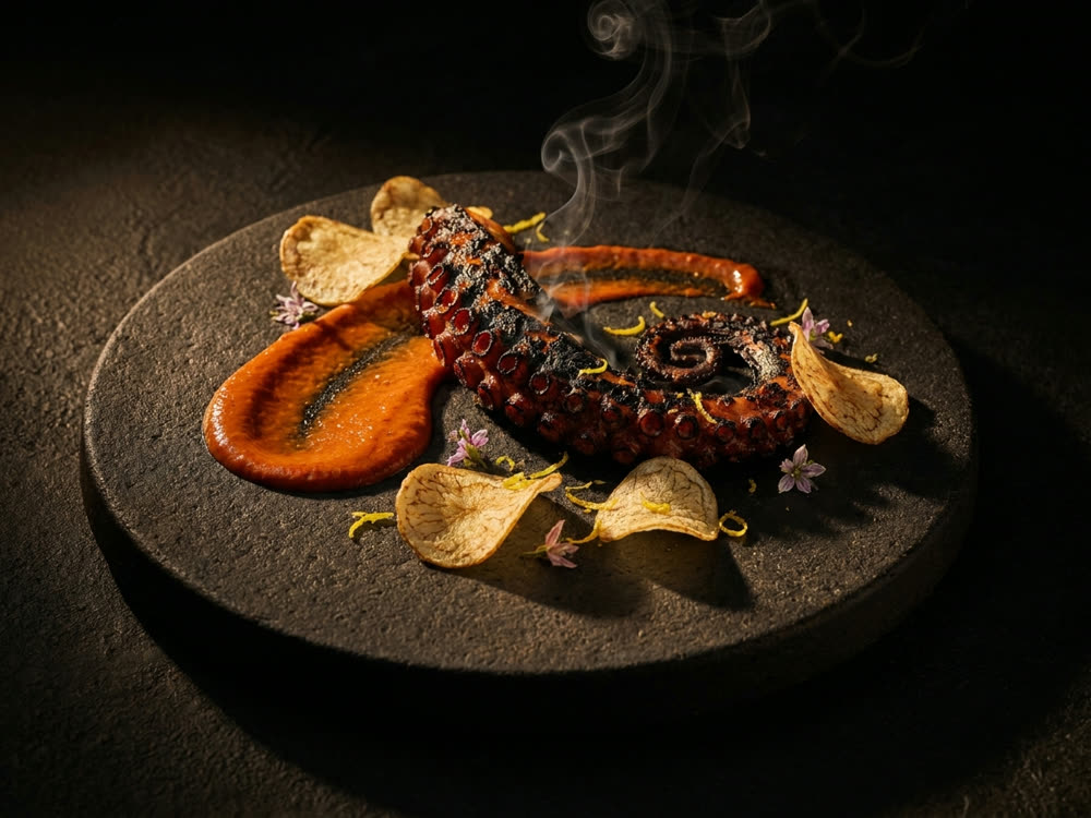 Charred grilled octopus with smoked pepper and potato crisp
