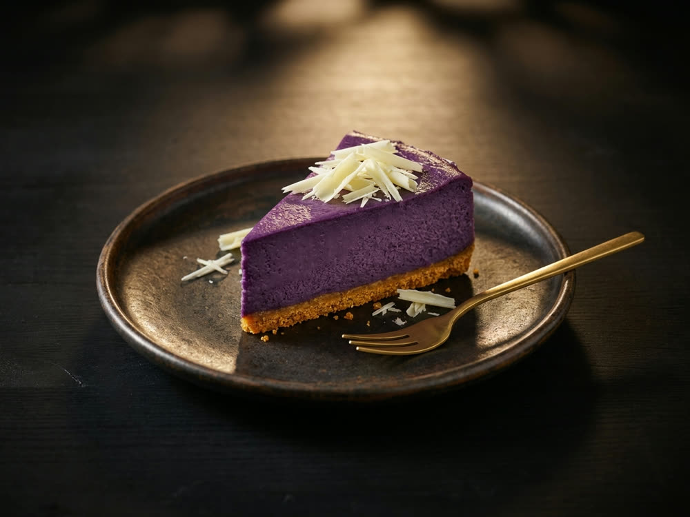 A slice of vivid purple ube cheesecake with white chocolate curls