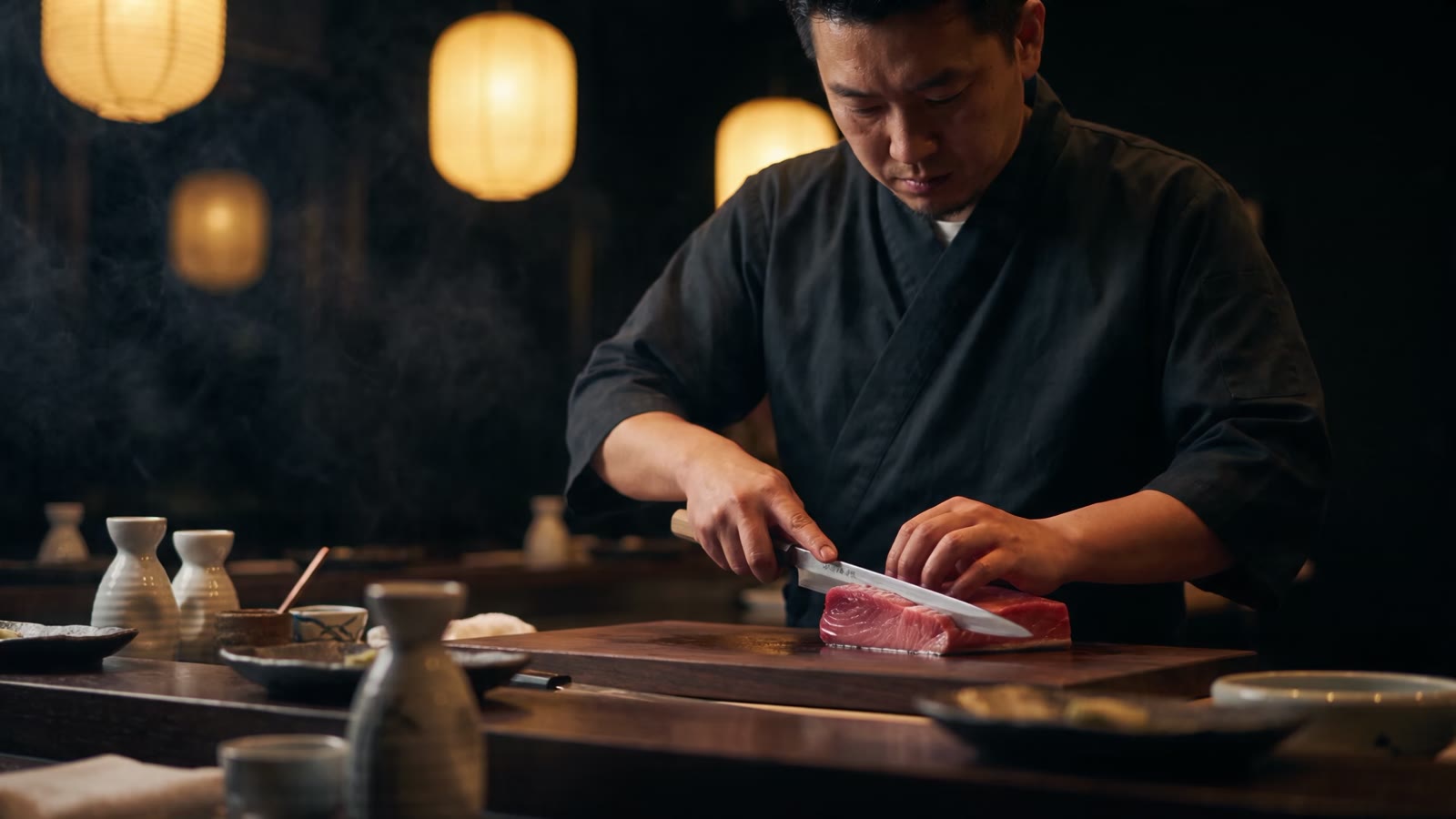 A sushi chef drawing a long yanagiba knife through a block of bluefin tuna under warm lantern light