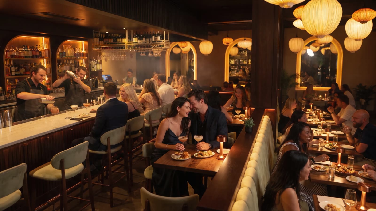 The Fortu dining room on a Friday night — bartenders shaking cocktails, guests at the bar, and a dressed-up couple smiling over their drinks