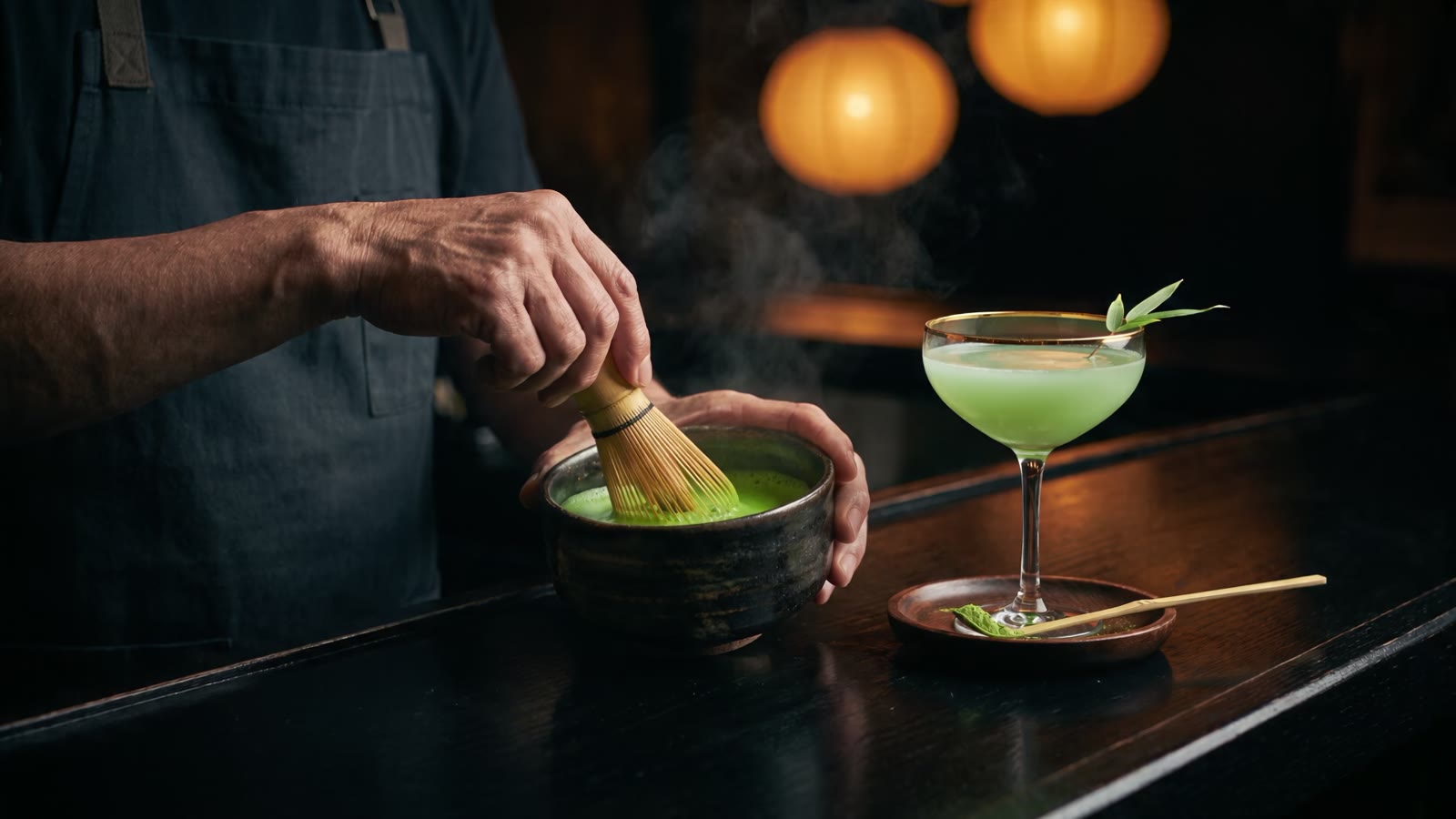 A bartender whisking vivid green matcha with a bamboo chasen beside a gold-rimmed coupe of the Matcha Kanji