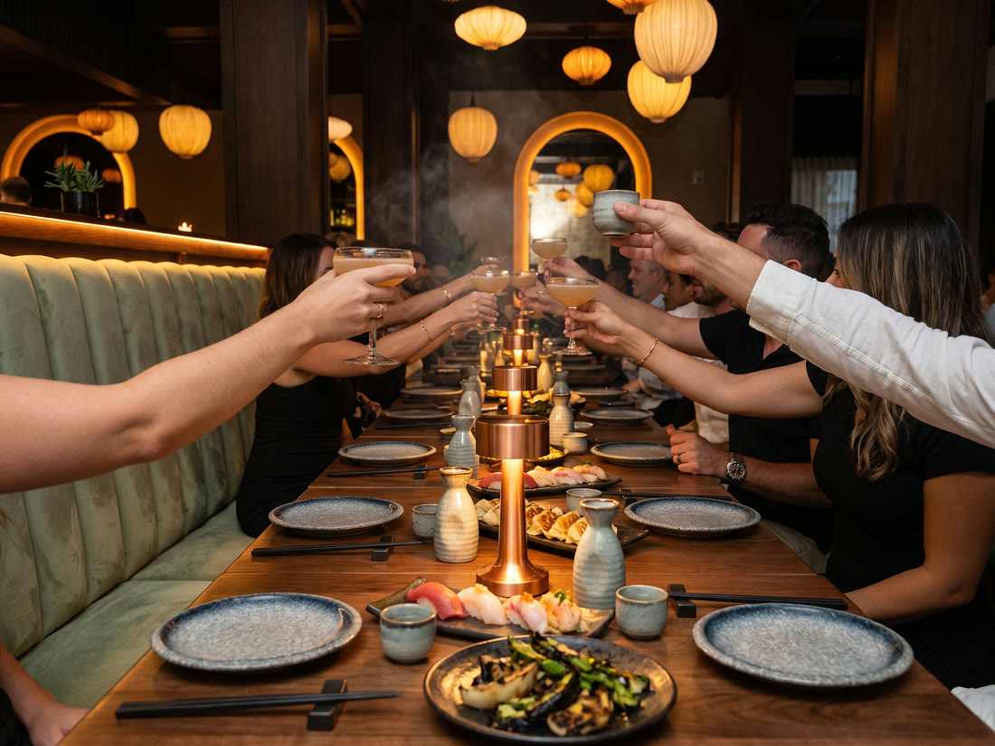 A private dinner at Fortu — guests raising coupe cocktails and sake cups in a group toast over a long table of nigiri and gyoza beneath the pendant lanterns