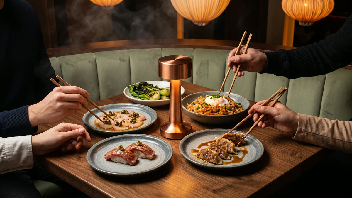 Hands with chopsticks reaching across a shared spread of Fortu small plates — wagyu nigiri, hamachi, gyoza, fried rice and choy sum — on the sage banquette under the lanterns